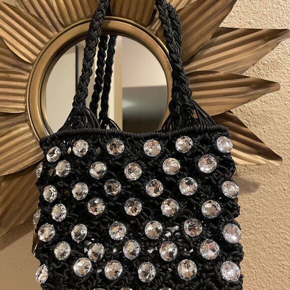 ZARA Black Crocheted Rhinestone Jeweled Evening Purse - Picture 16 of 16